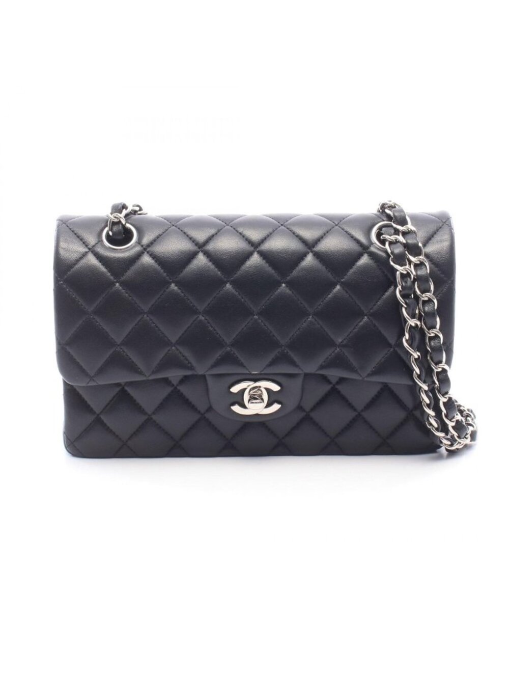 Chanel Shoulder Bag Quilted Double Flap Black Lambskin Chain